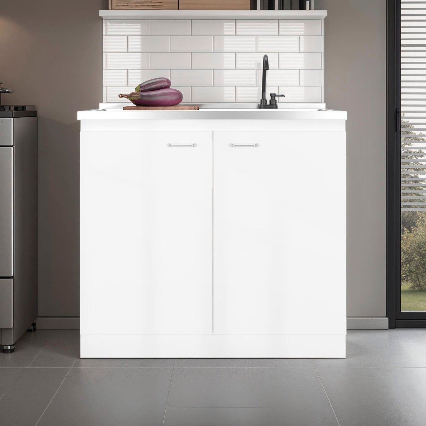 Salento Freestanding Sink, Double Door Cabinet, Two Shelves