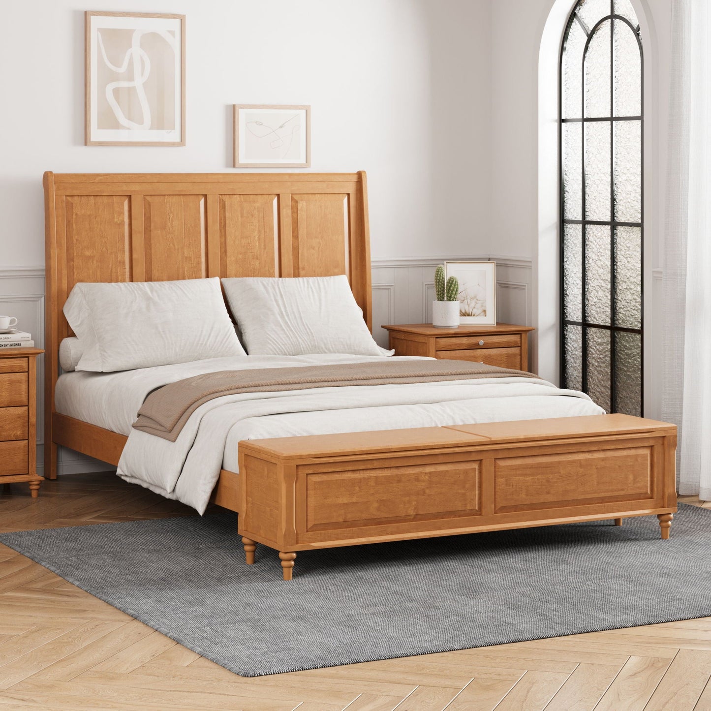 Sleigh Bed Frame With Tall Headboard And Storage Bench
