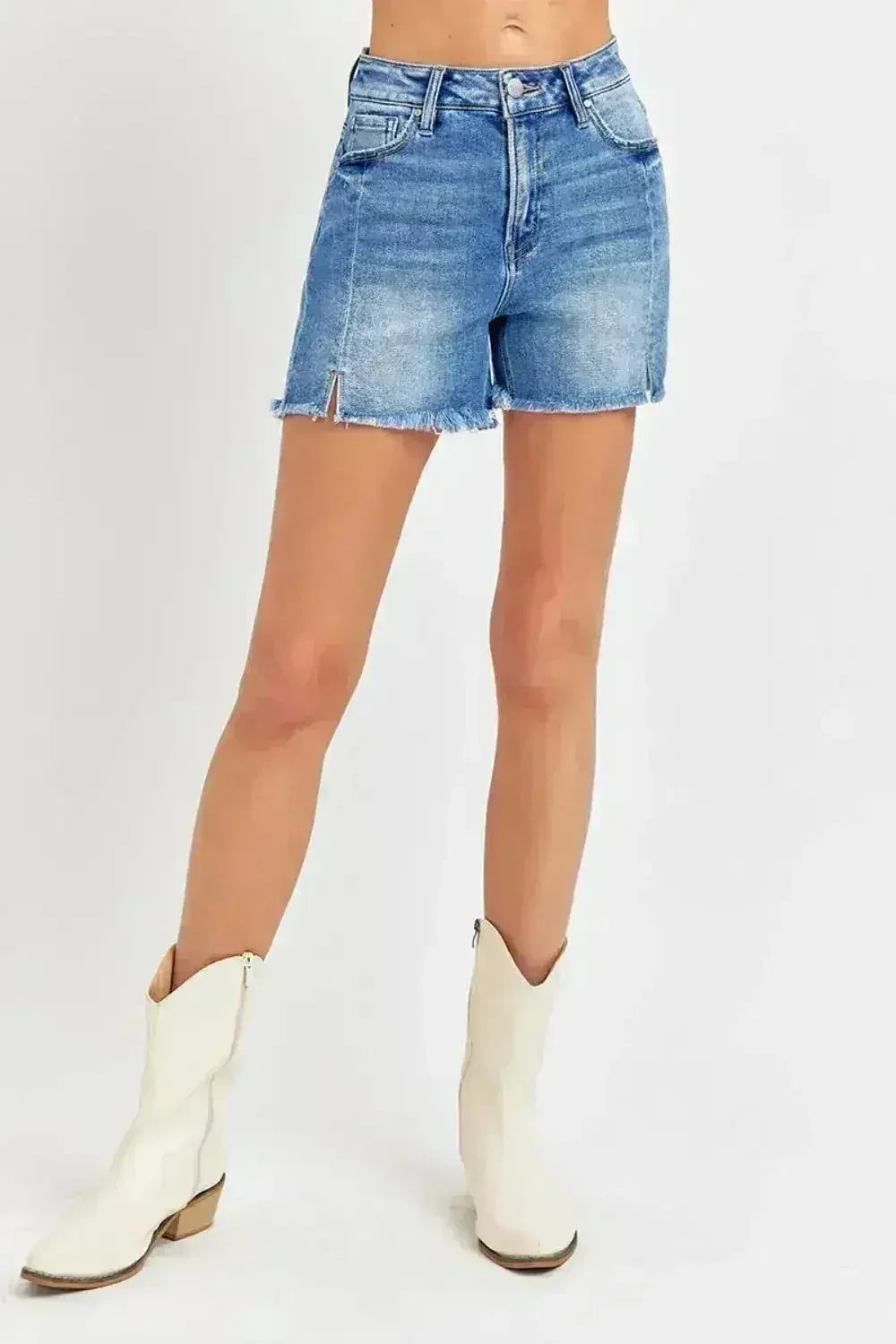 Front Slit Raw Hem Denim Shorts - High Waist Edgy Style | Femstylo