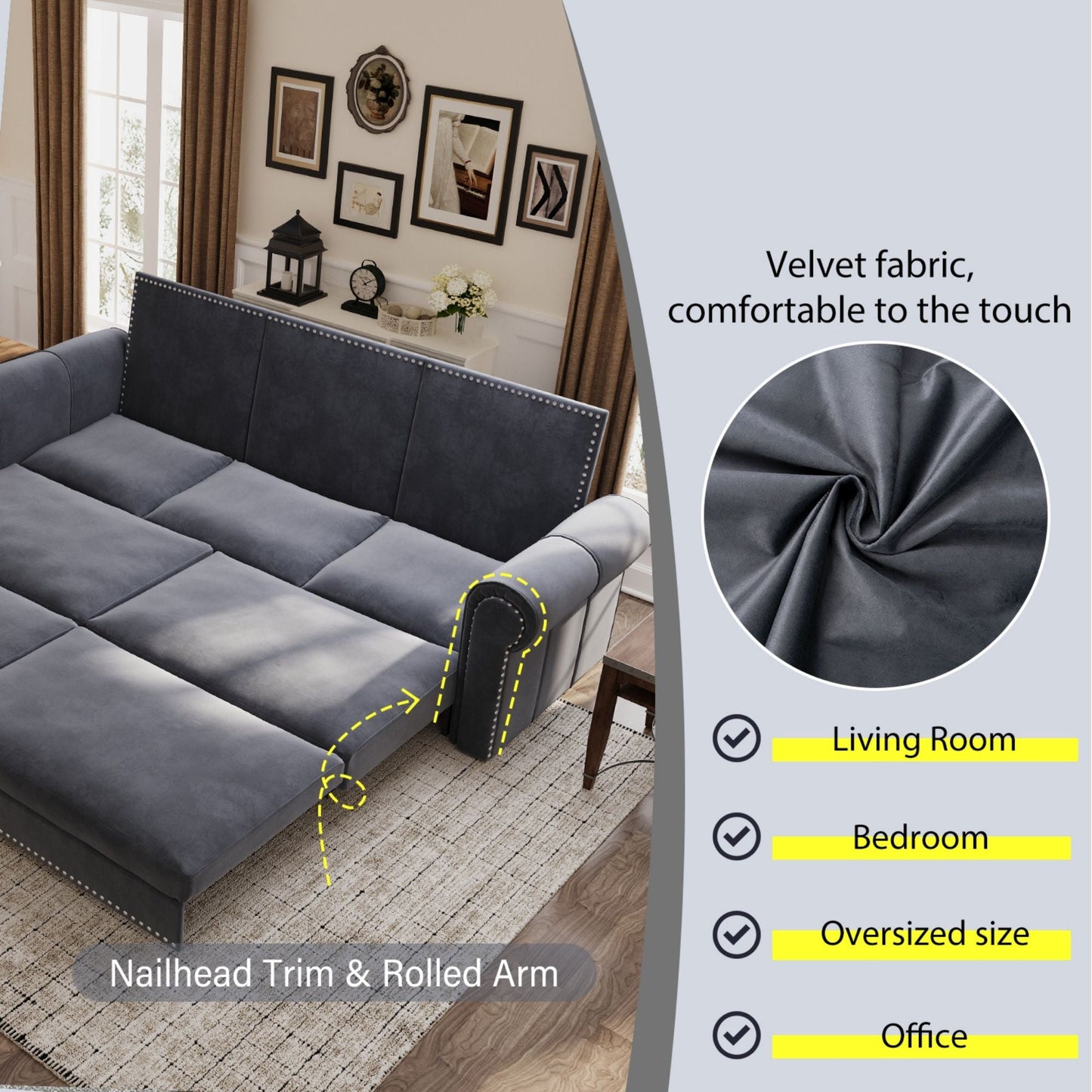 3 In 1 Convertible Sleeper Sofa With Nailhead Trim & Rolled Arm