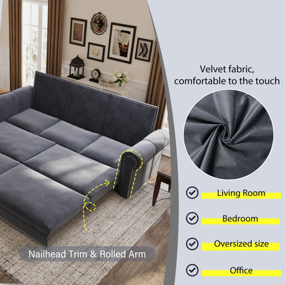 3 In 1 Convertible Sleeper Sofa With Nailhead Trim & Rolled Arm