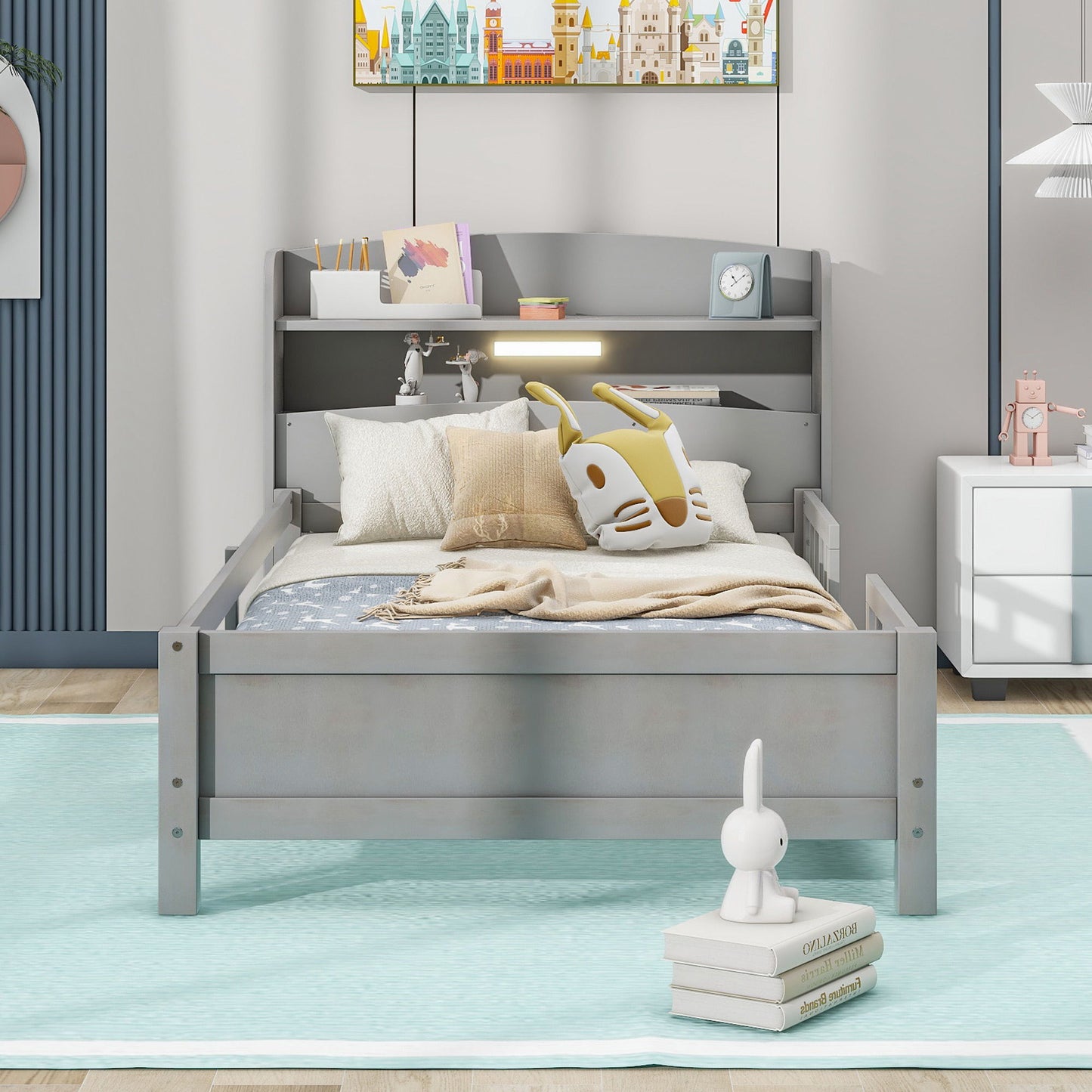 Wood Platform Bed With Built In LED Light, Storage Headboard And Guardrail
