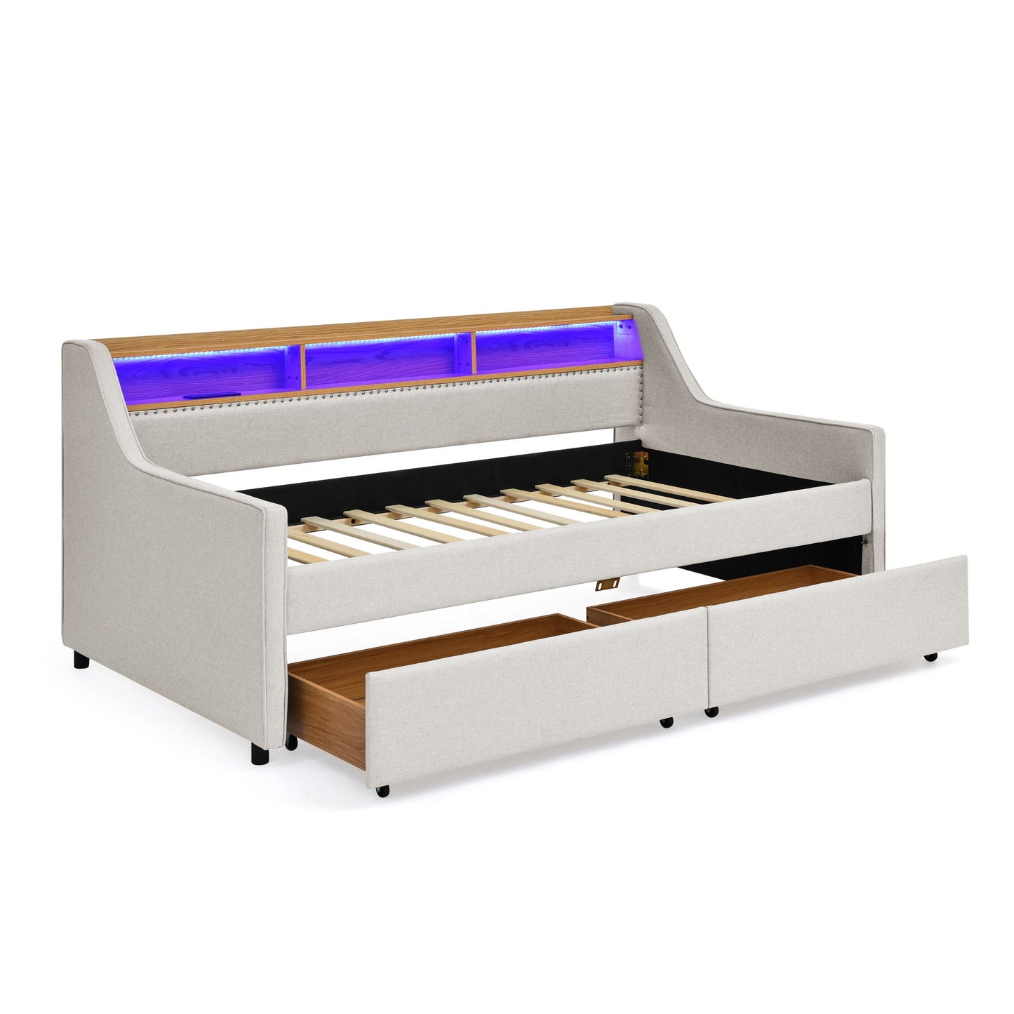 Twin Upholstered Sofa Bed With LED Lights, Storage Drawers, Adjustable Headboard & Wireless Charging - Beige