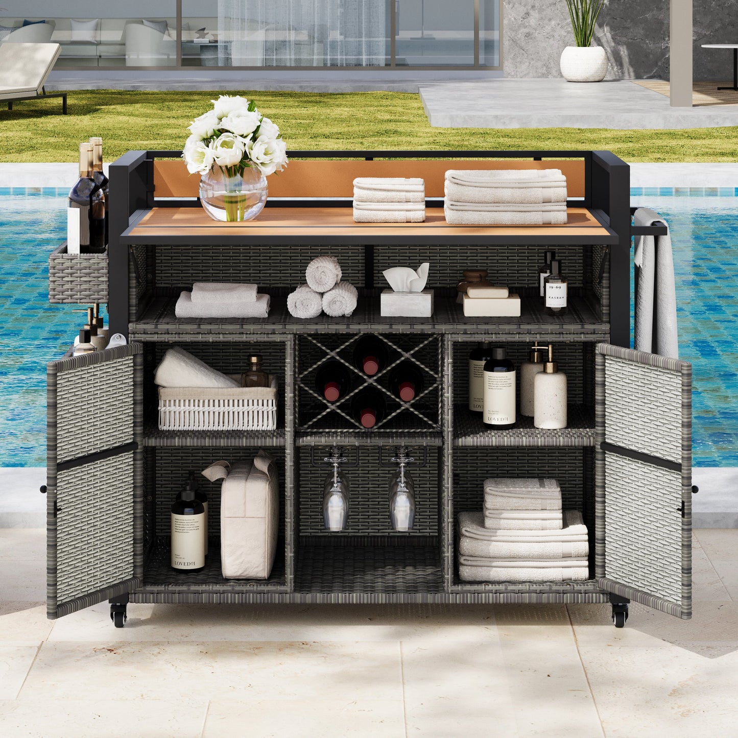 K&K 52.8"W Wicker Outdoor Grill Cart with Extended Table Top