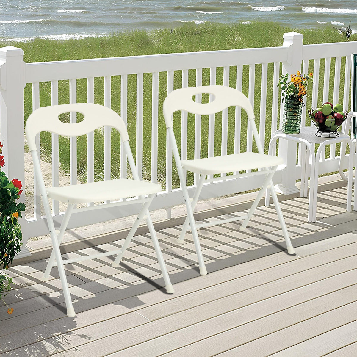 Folding Chairs, Stackable & Waterproof (Set of 4) - White