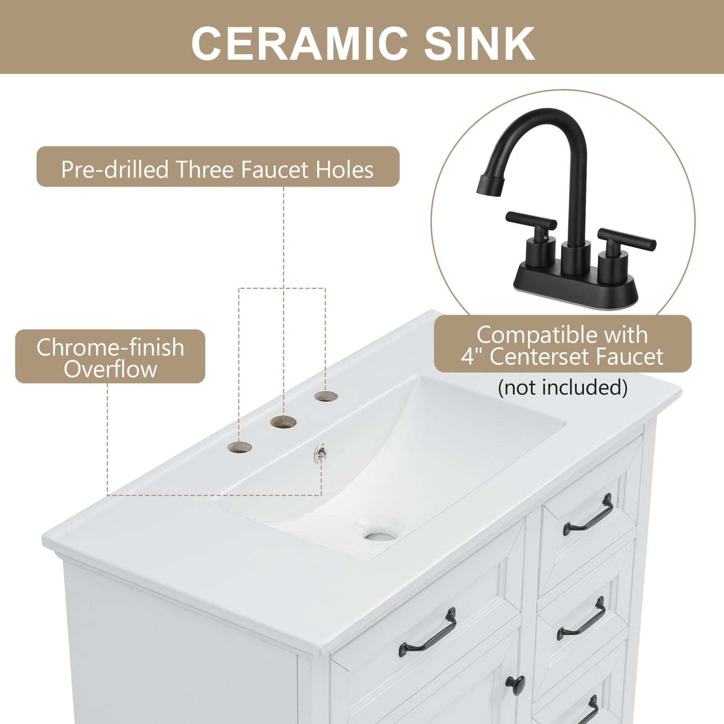 36" Bathroom Vanity With Sink, 2 Tip-Out Drawers, Soft Close Hinges