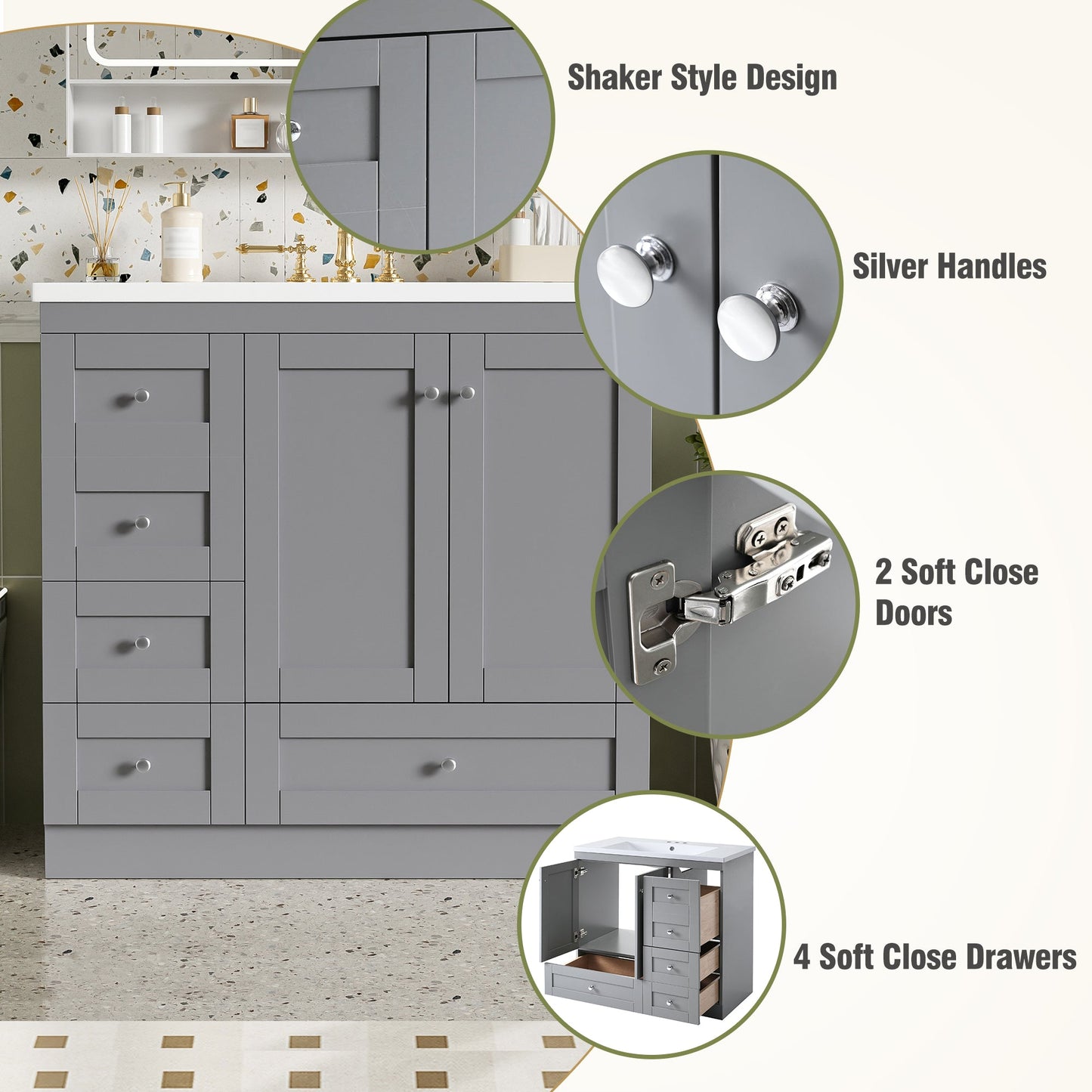 36 Inch Shaker Style Free-Standing Bathroom Vanity Cabinet with Sink