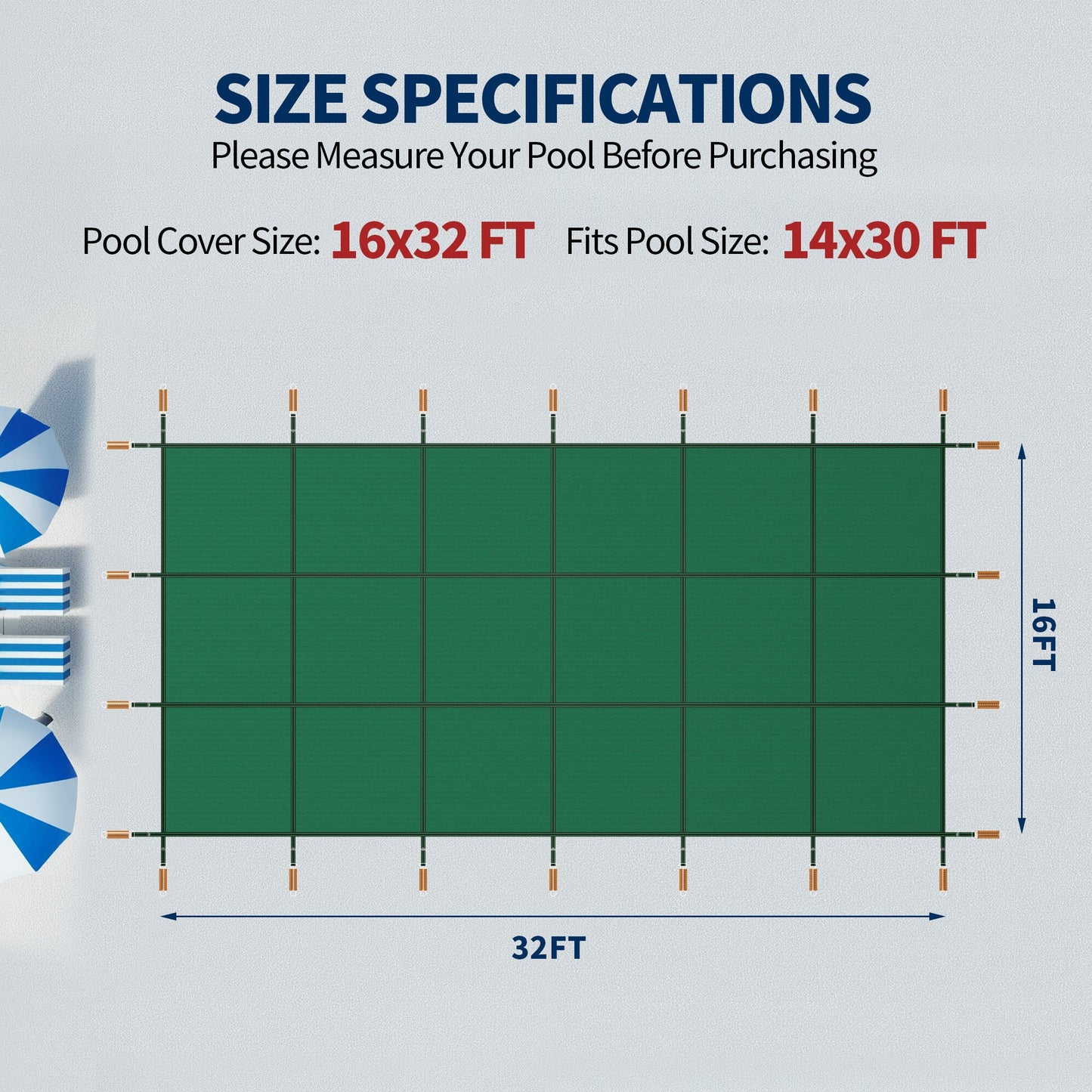 Swimming Pool Safety Cover, Fits 16x32ft Rectangular Pools