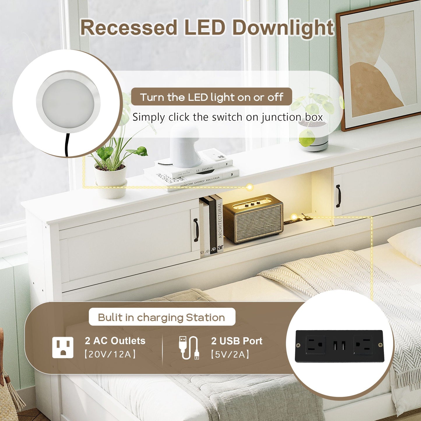 Twin Size L - Shaped Captain Bed With Drawer And Bookcase, LED Downlight And USB Charging Station - White