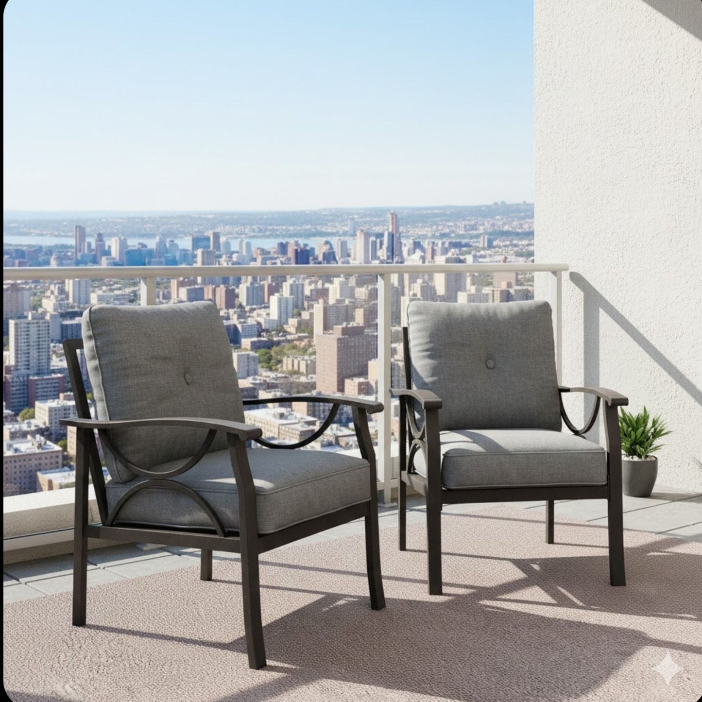 All Weather Armchairs With Cushions, Sculptural Design (Set of 2) - Gray / Khaki