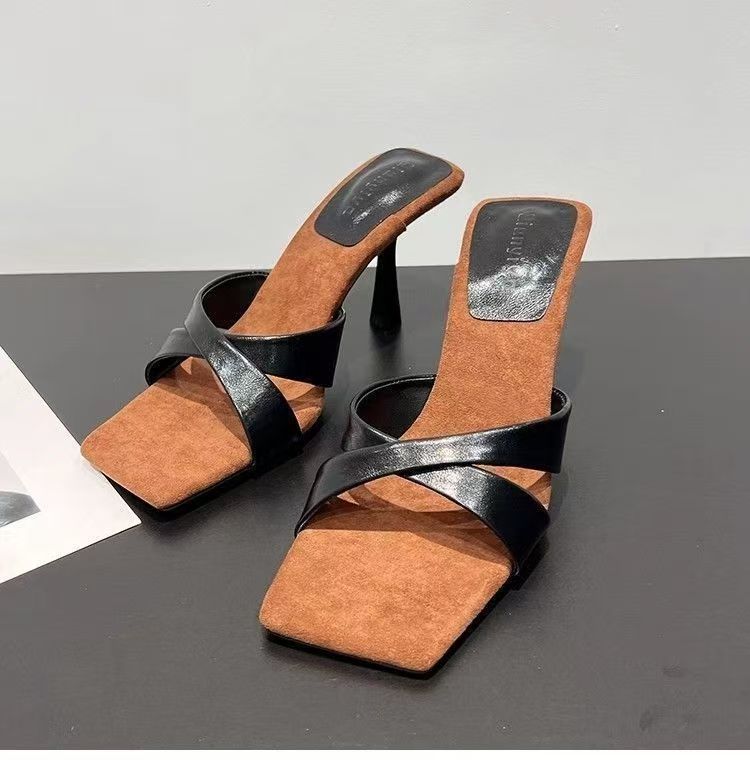 Elegant Socialite Style Cross Strap Open Toe Square Toe Slides For Women, French Stunning 7cm Stiletto High Heels For Summer Outdoor Wear