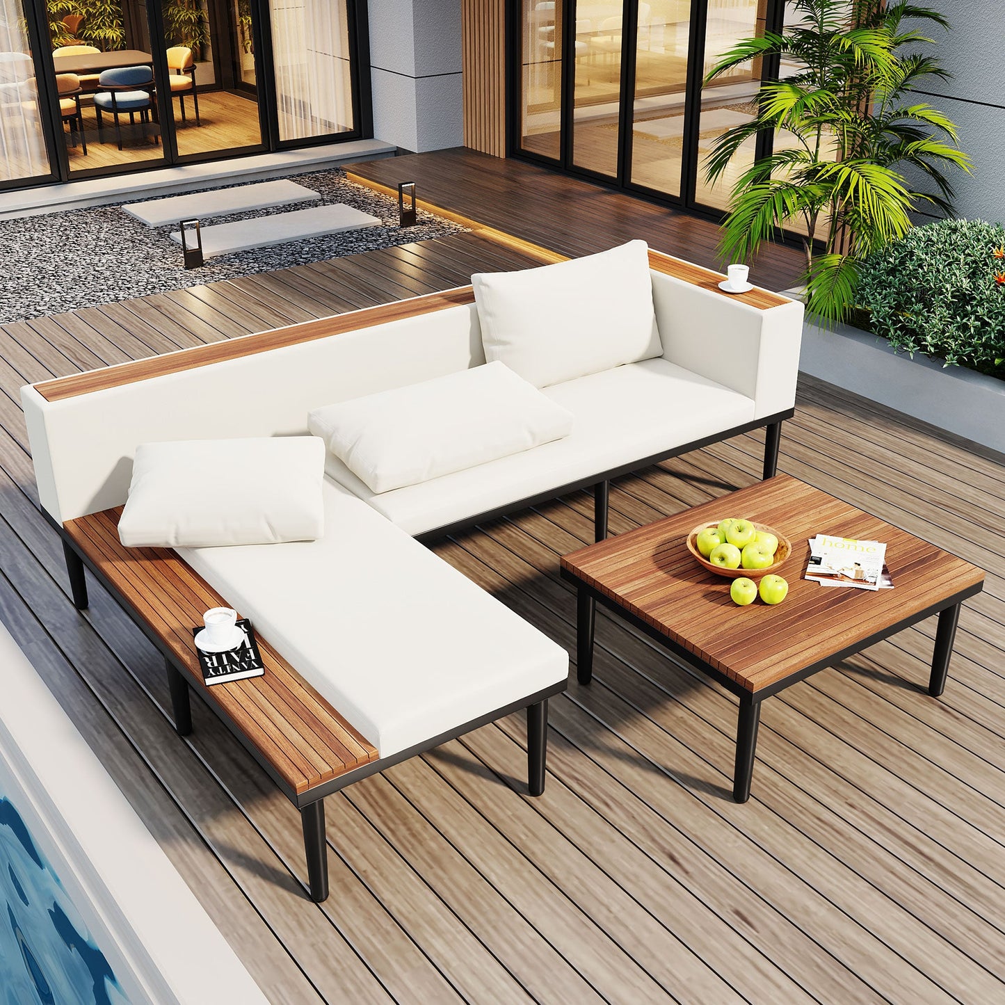 Luxury L-Shaped Acacia Wood Patio Furniture Set with Cushions