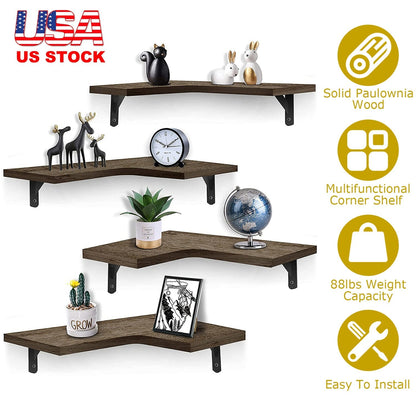4Packs Corner Floating Shelf Wall Mount Display Storage Shelf Organizer Wood Metal Bedroom Living Room DŽcor