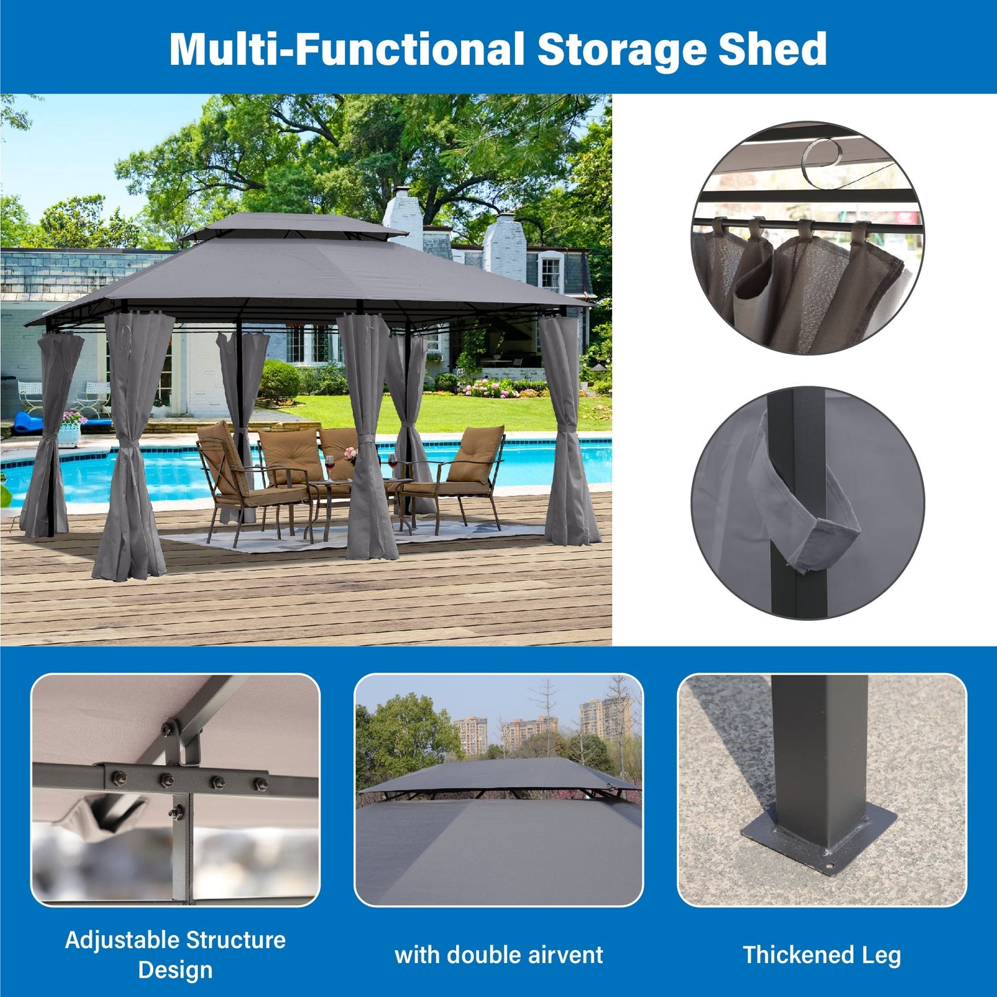 13x10 Ft Outdoor Patio Gazebo Canopy Tent with Ventilated Double Roof and Side Wall