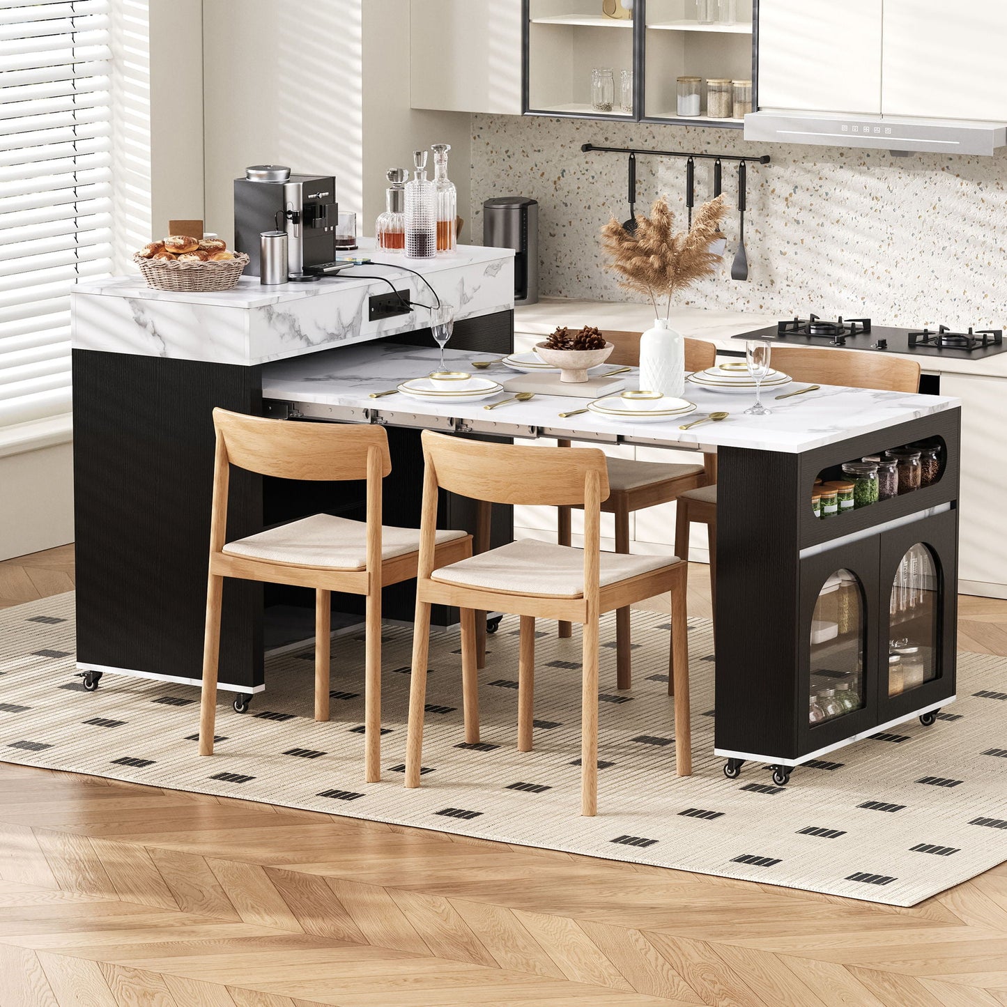 Extendable Dining Table With Folding Top, Rolling Kitchen Island With Drawers And Power Outlet