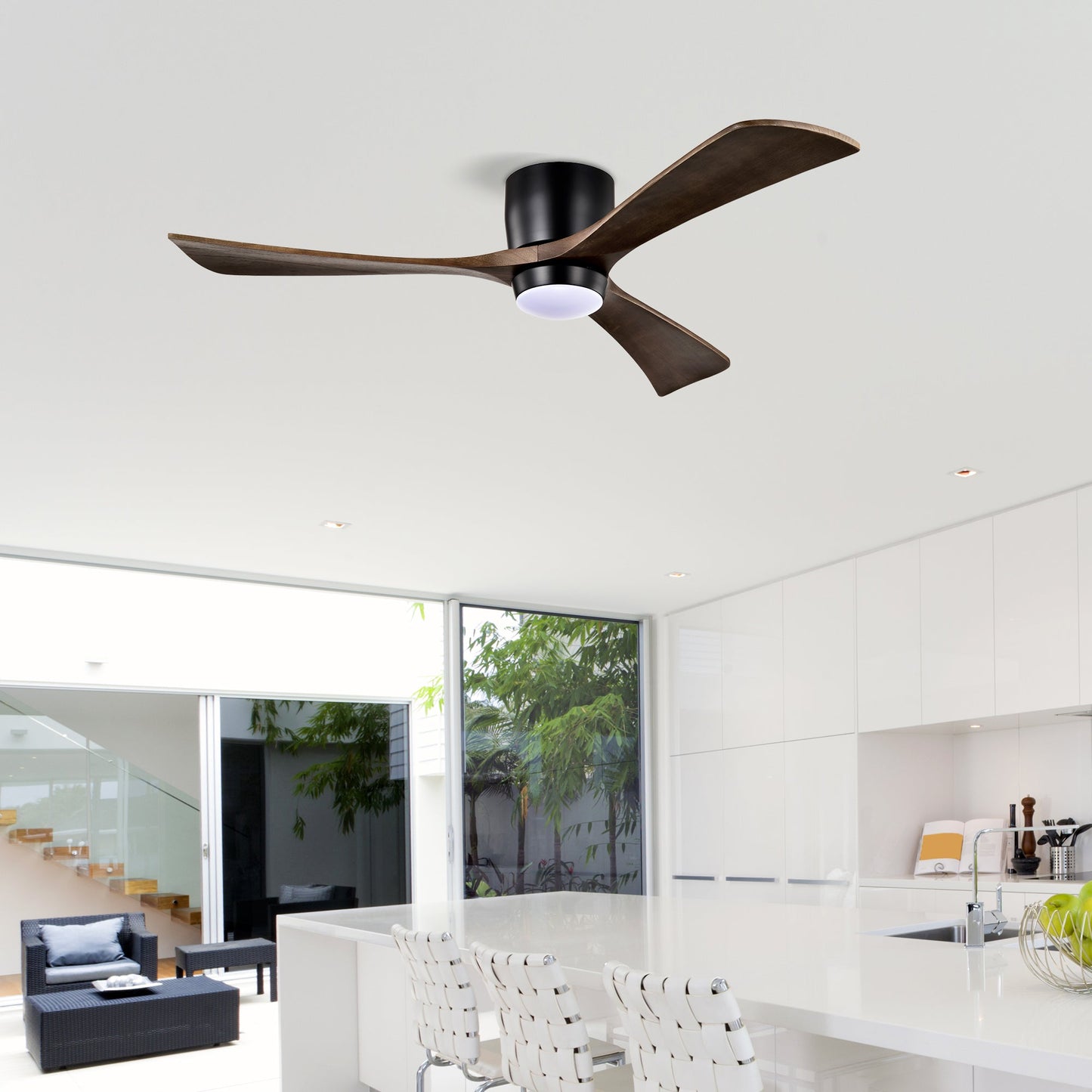 52" Flush Mount Solid Wood Blades Ceiling Fan with Lights Remote Control