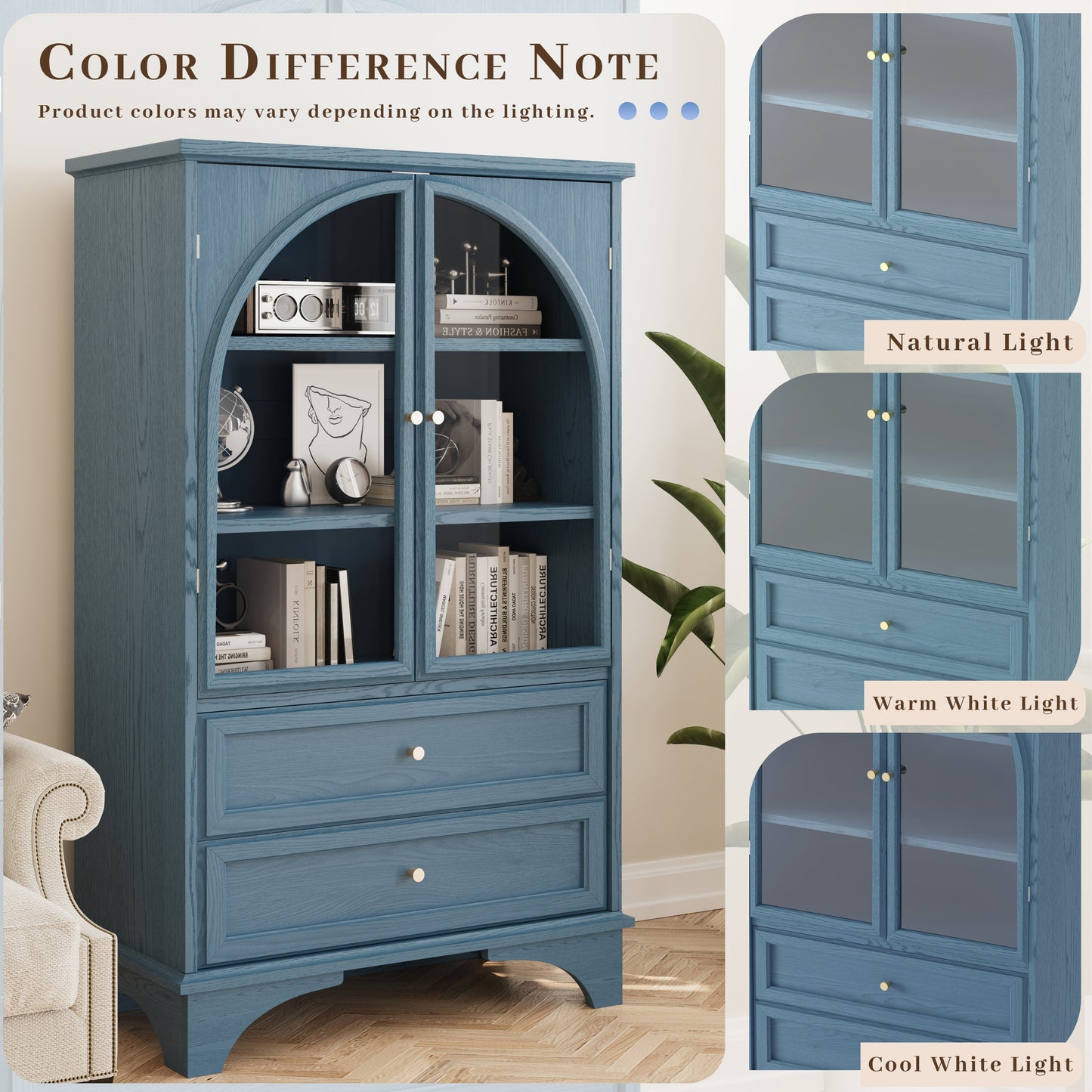 52.17"H Glass Door Display Case Storage Cabinet with 2 Drawers and Adjustable Shelf