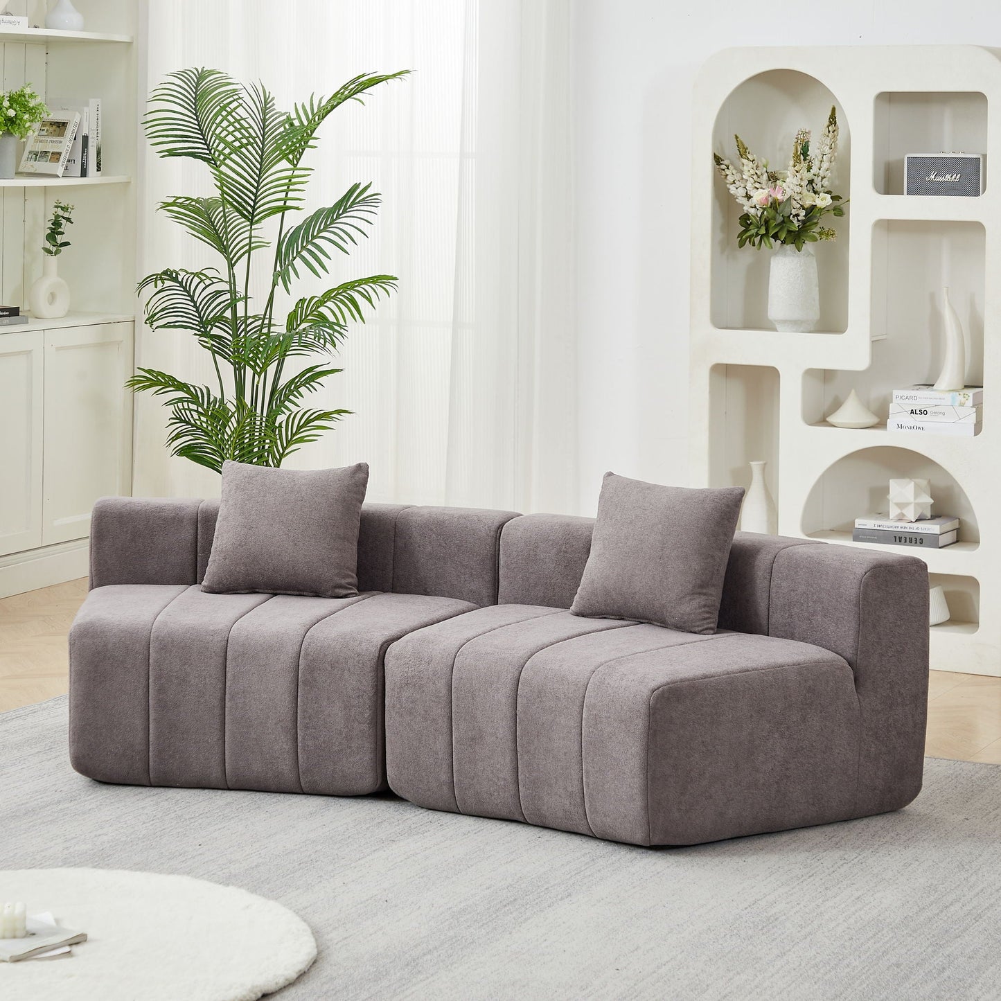 Curved Sectional Sofa With 2 Pillows For Living Room - Gray