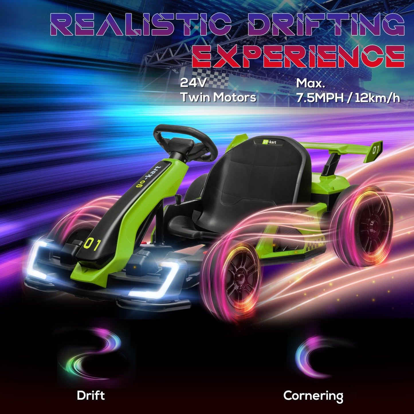 Adjustable Seat Electric Go Kart with Slow Start - 24V, 7.5 MPH