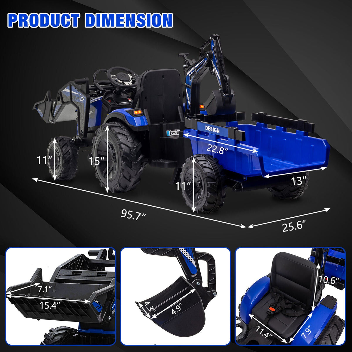 3-in-1 Electric Ride-On Excavator Bulldozer with Trailer for Kids - Remote Control Toy