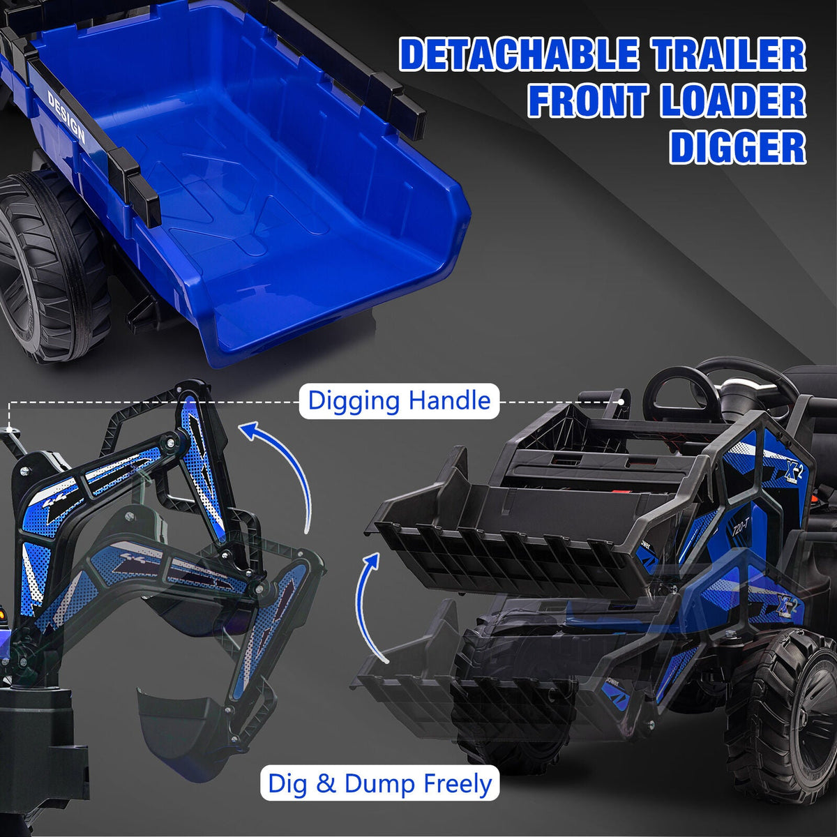 3-in-1 Electric Ride-On Excavator Bulldozer with Trailer for Kids - Remote Control Toy
