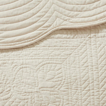 3 Pc Antimicrobial Cream Reversible Scalloped Edge Quilt Set