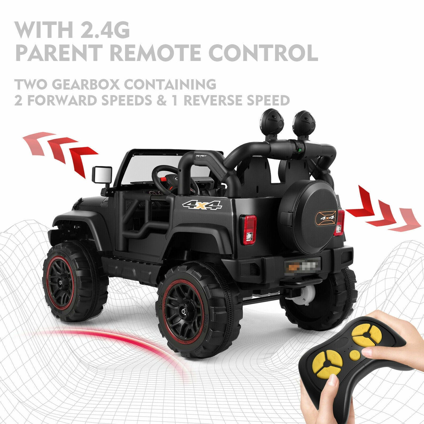 3-Speed Black Ride-On Car for Kids with RC, MP3, LED Lights, USB, and Cover - 12V Battery Powered