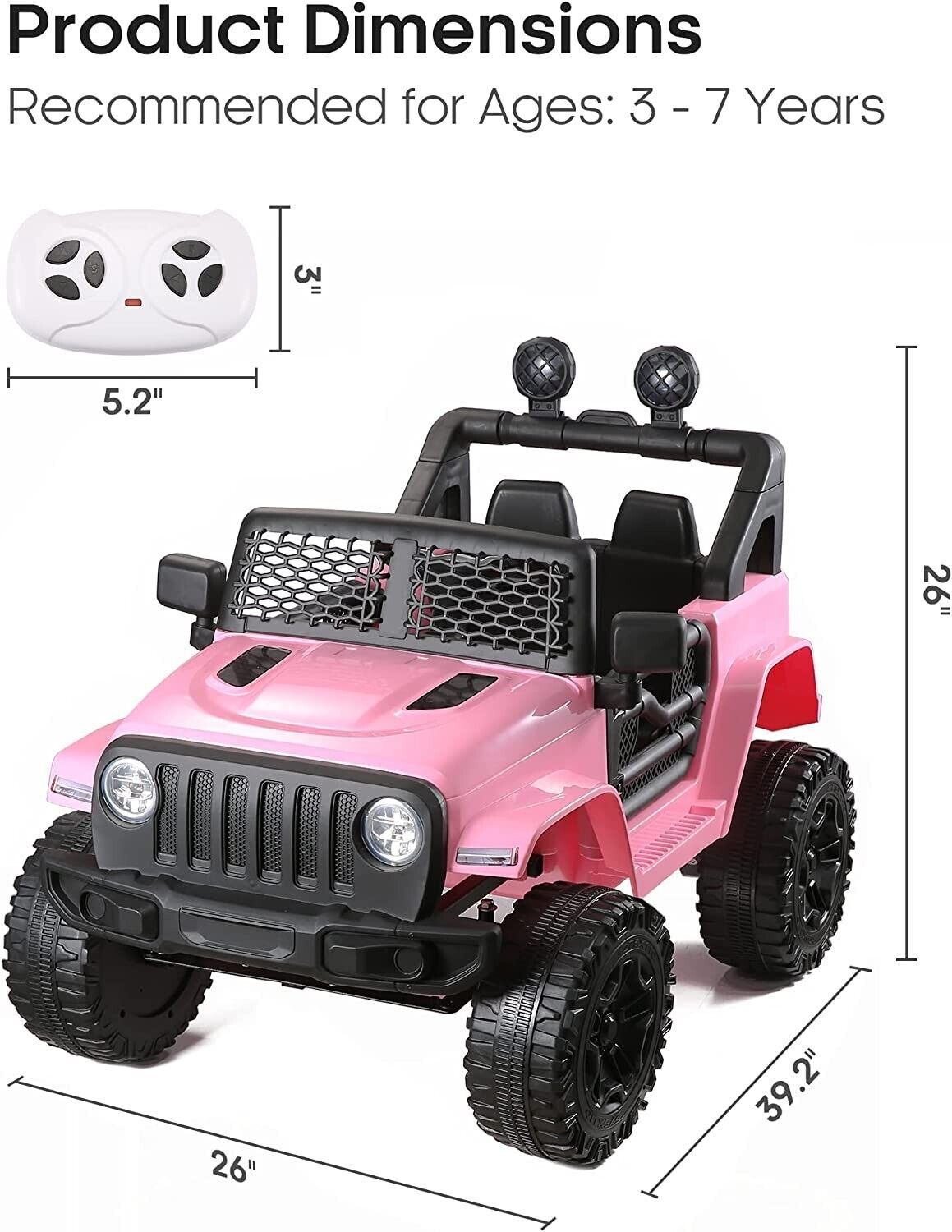 12V Kids Ride On Truck with RC Control, Spring Suspension, LED Lights, and Music - Pink