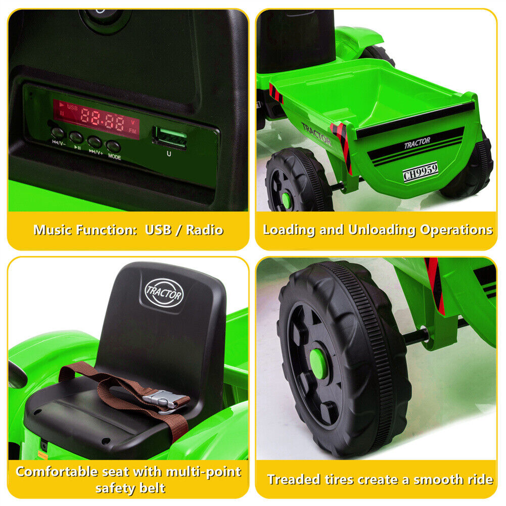 3-Speed Electric Ride On Tractor Car Toy with Trailer for Kids - Remote Controlled
