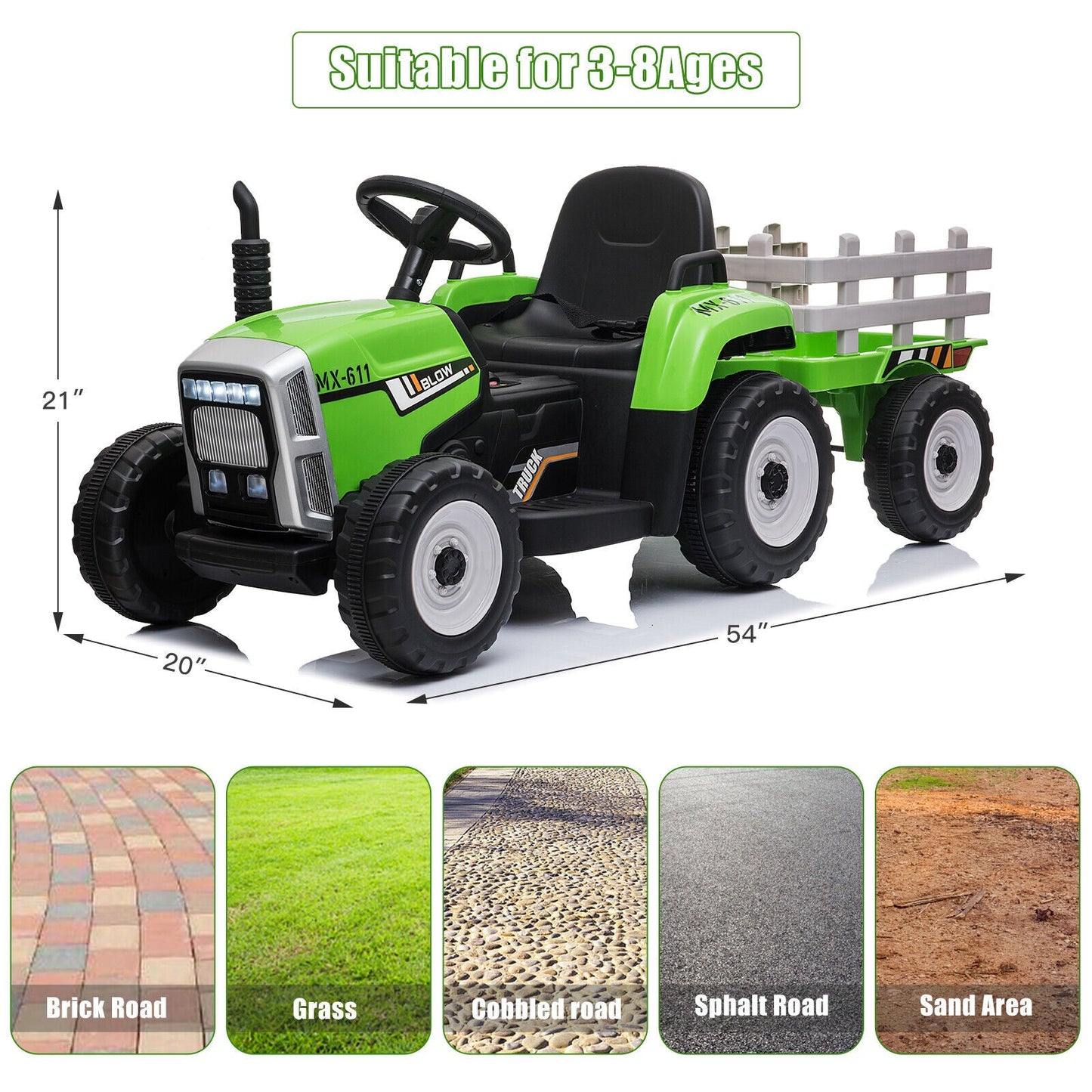 3-Speed Electric Ride On Tractor Toy with Trailer for Kids - Remote Controlled