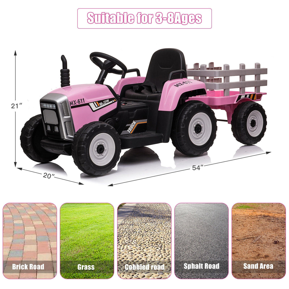 3-Speed Electric Ride On Tractor Toy with Trailer for Kids - Remote Controlled