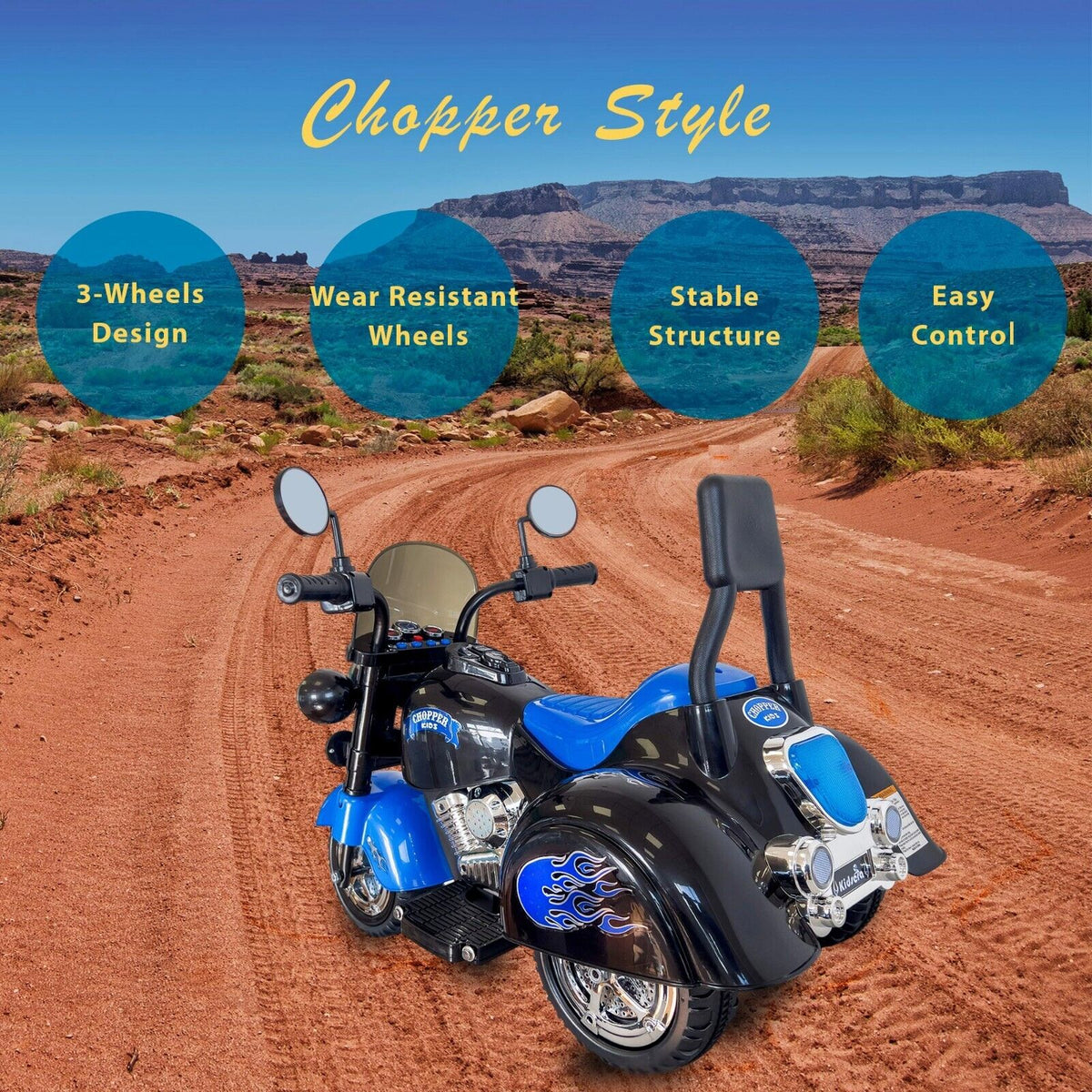 3-Wheel Chopper Ride-On Motorcycle Toy for Kids with LED Headlights