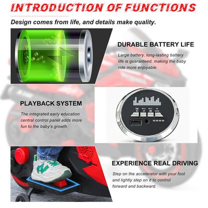 3-Wheel Electric Ride-On Motorcycle for Kids with Rechargeable 12V Battery