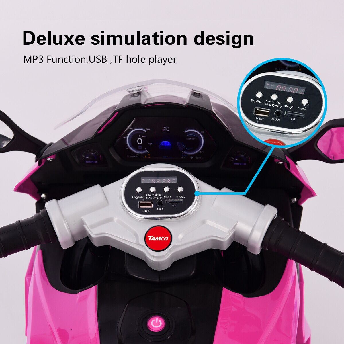 3-Wheel Kids Ride-On Motorcycle with LED Lights, Music, and Pink Screen