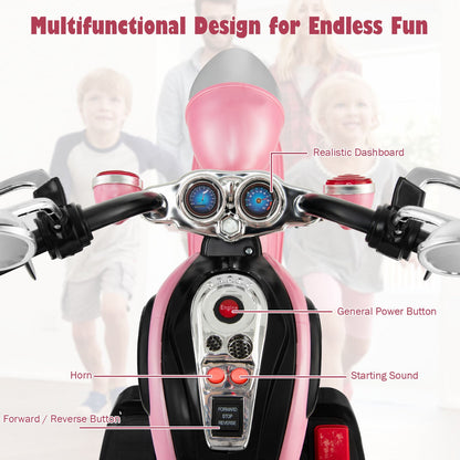 3-Wheel Pink Chopper Motorcycle for Kids with Headlight and Horn