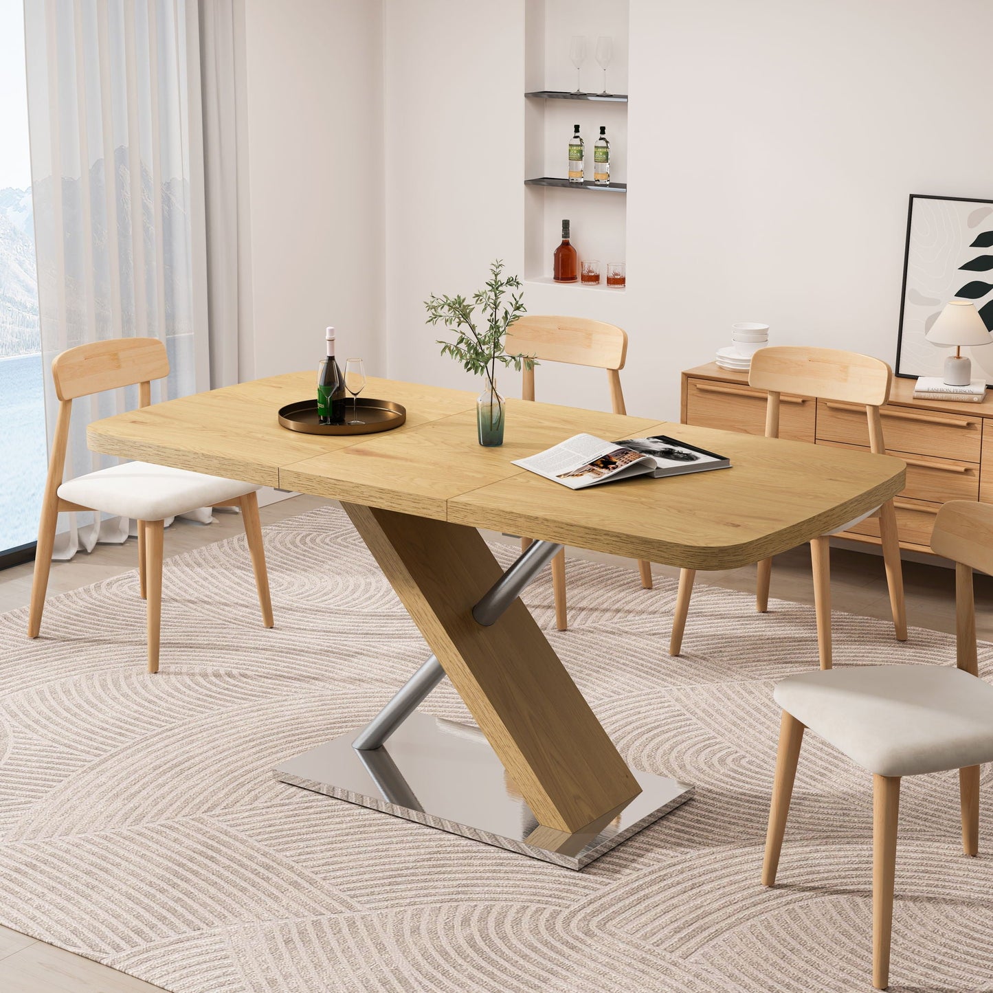 Retractable Square Dining Table, Seating 4 - 6 People, Cross Base With Stainless Steel Tubing, Expandable - Natural