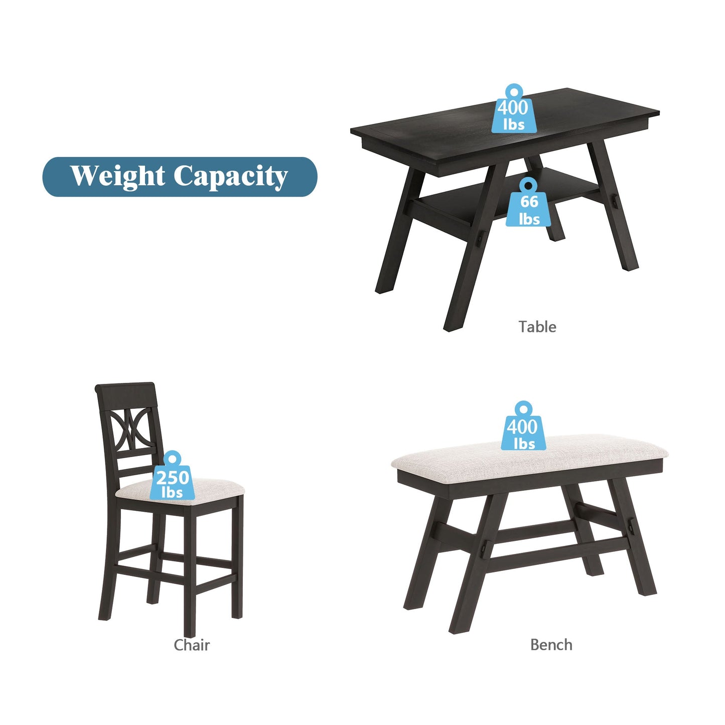 TOPMAX 6-Piece Wood Counter Height Dining Table Set with Storage Shelf