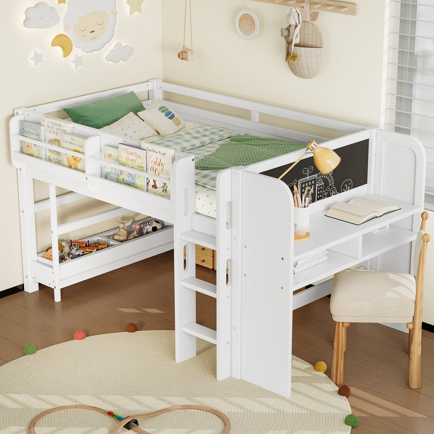 Twin Loft Bed With Multi-Storage Bookcases, Desk And Blackboard