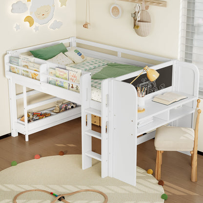 Twin Loft Bed With Multi-Storage Bookcases, Desk And Blackboard