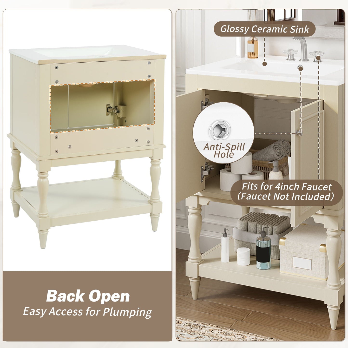 Modern Bathroom Vanity With Sink, Rectangular Cabinet With Open Shelf And Closed Storage