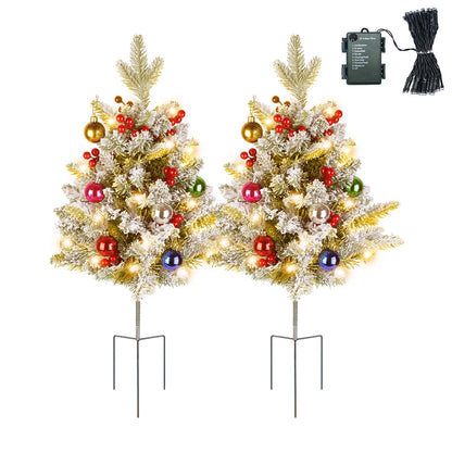 2Pcs Battery Powered Lighted Christmas Tree Urn Filler With Light Artificial Xmas Trees Light with Berries Balls LED Pathway Pine Tree IP44 Waterproof