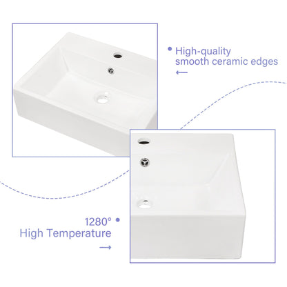 Modern Ceramic Rectangular Wall Mounted Bathroom Sink With Faucet Hole & Overflow
