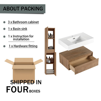 Modern Wall Mounted 30 Inch Bathroom Vanity With Resin Sink And 2 Side Cabinet - Imitative Oak