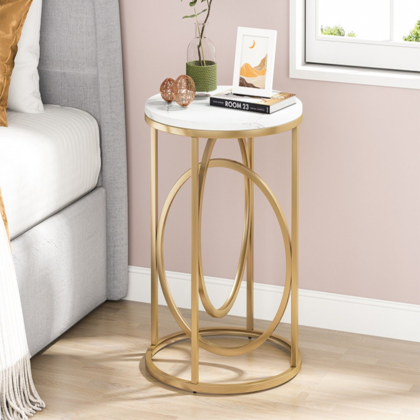 Round End Table - White / Gold