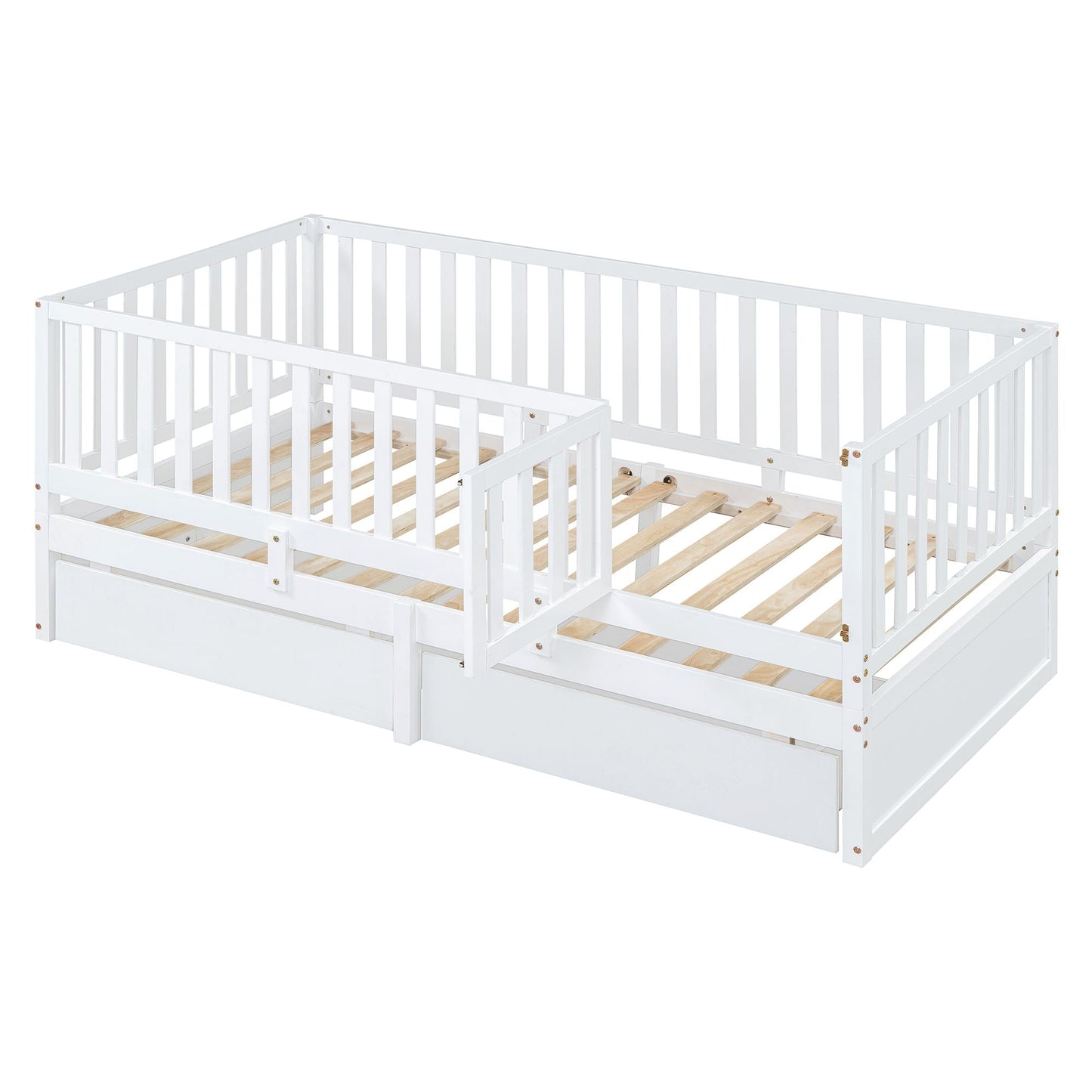 Daybed With Fence Guardrails And 2 Drawers, Split Into Independent Floor Bed & Daybed