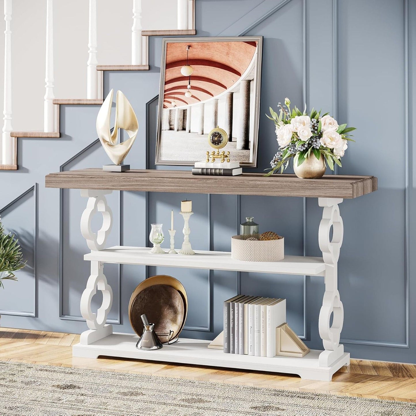 Console Sofa Table With 3 Shelves, Floral Carved Accent - Gray / White