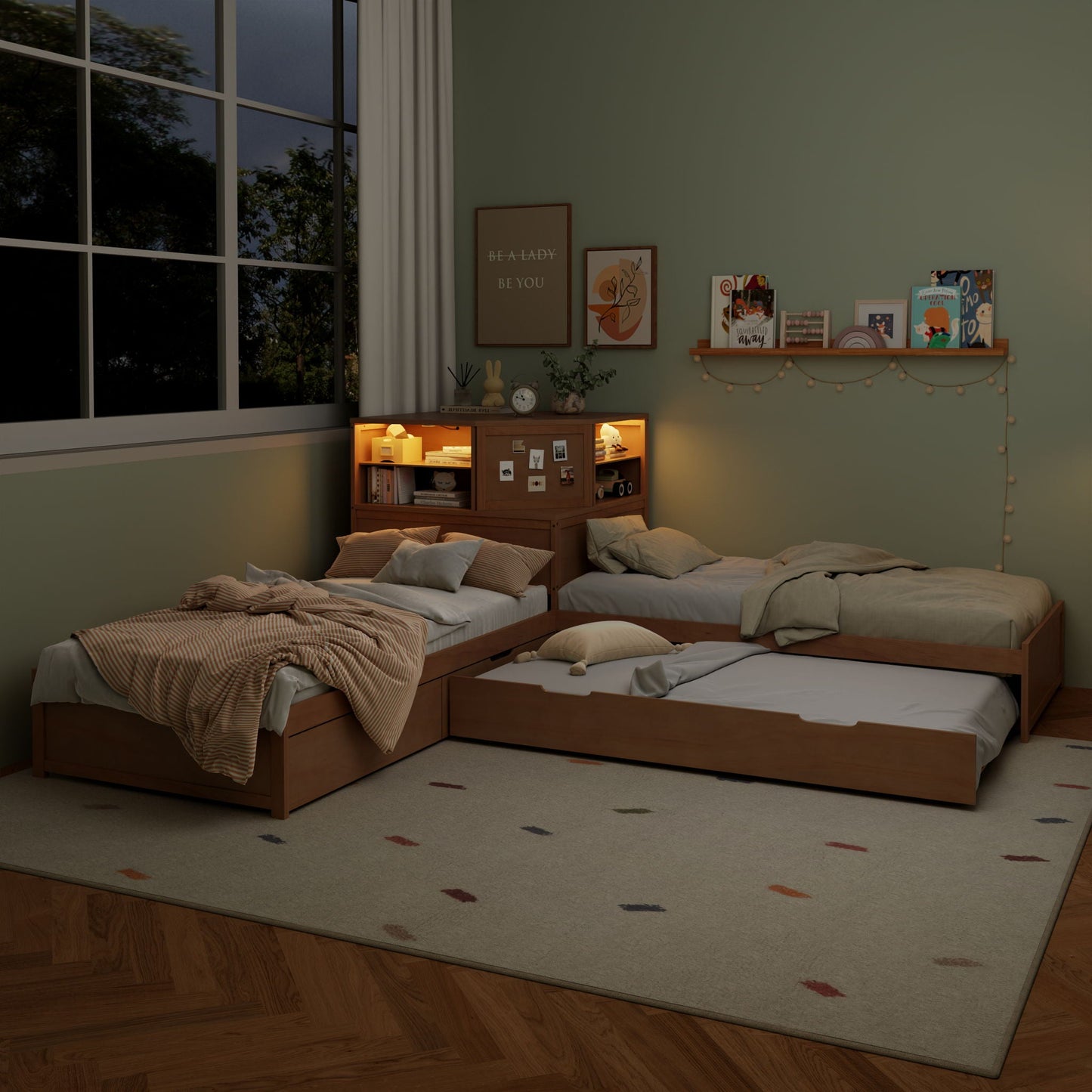 L-Shaped Bed Frame With Trundle, Built In Desk & LED Lighting