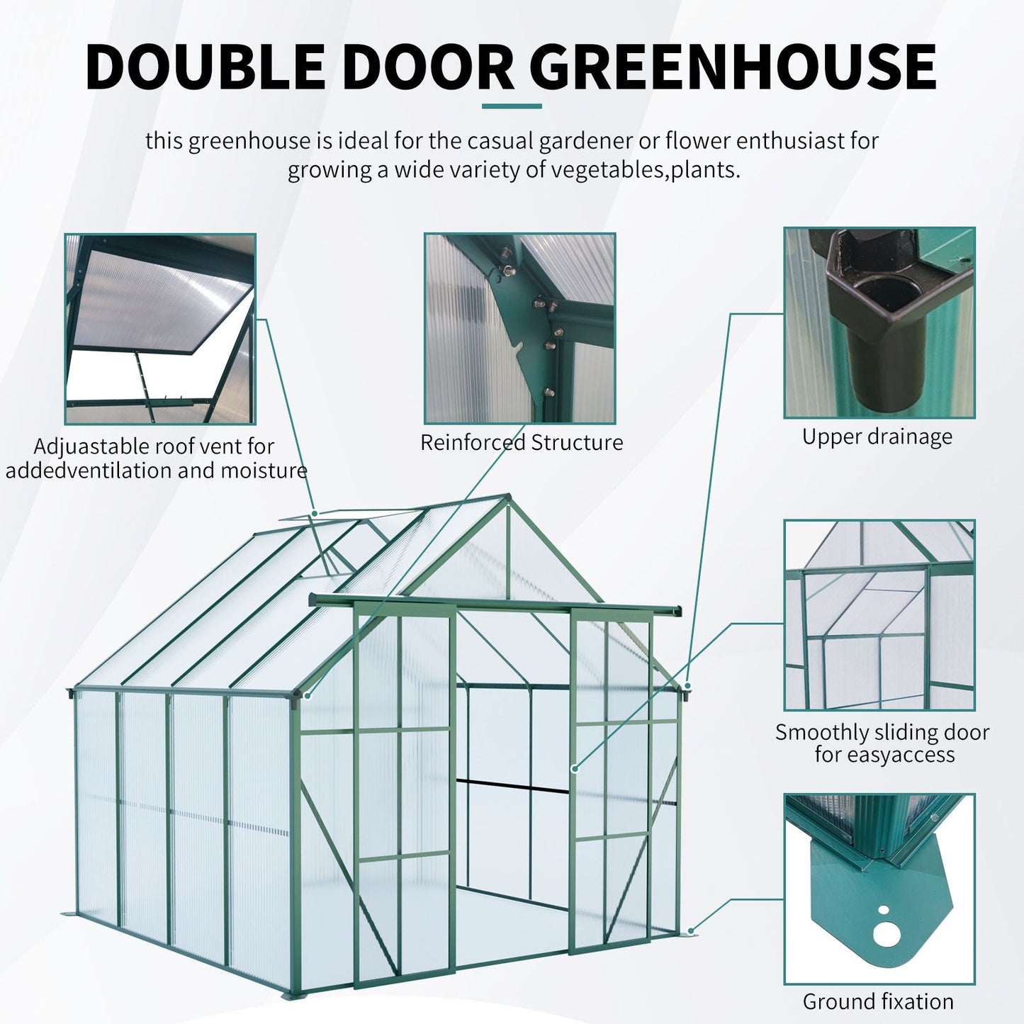 Double Door Polycarbonate house Raised Base And Anchor Aluminum Heavy Duty Walk In houses For Outdoor Backyard In All Season
