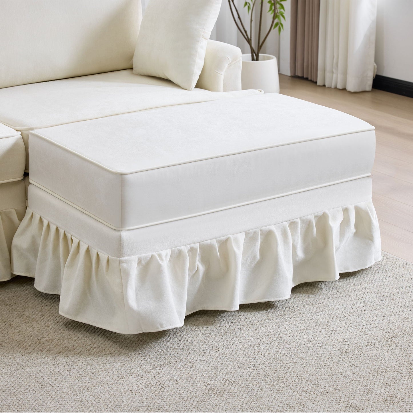 L-Shaped Sectional Sofa With Removable Ruffled Skirt, Flared Arms, Ottoman - White