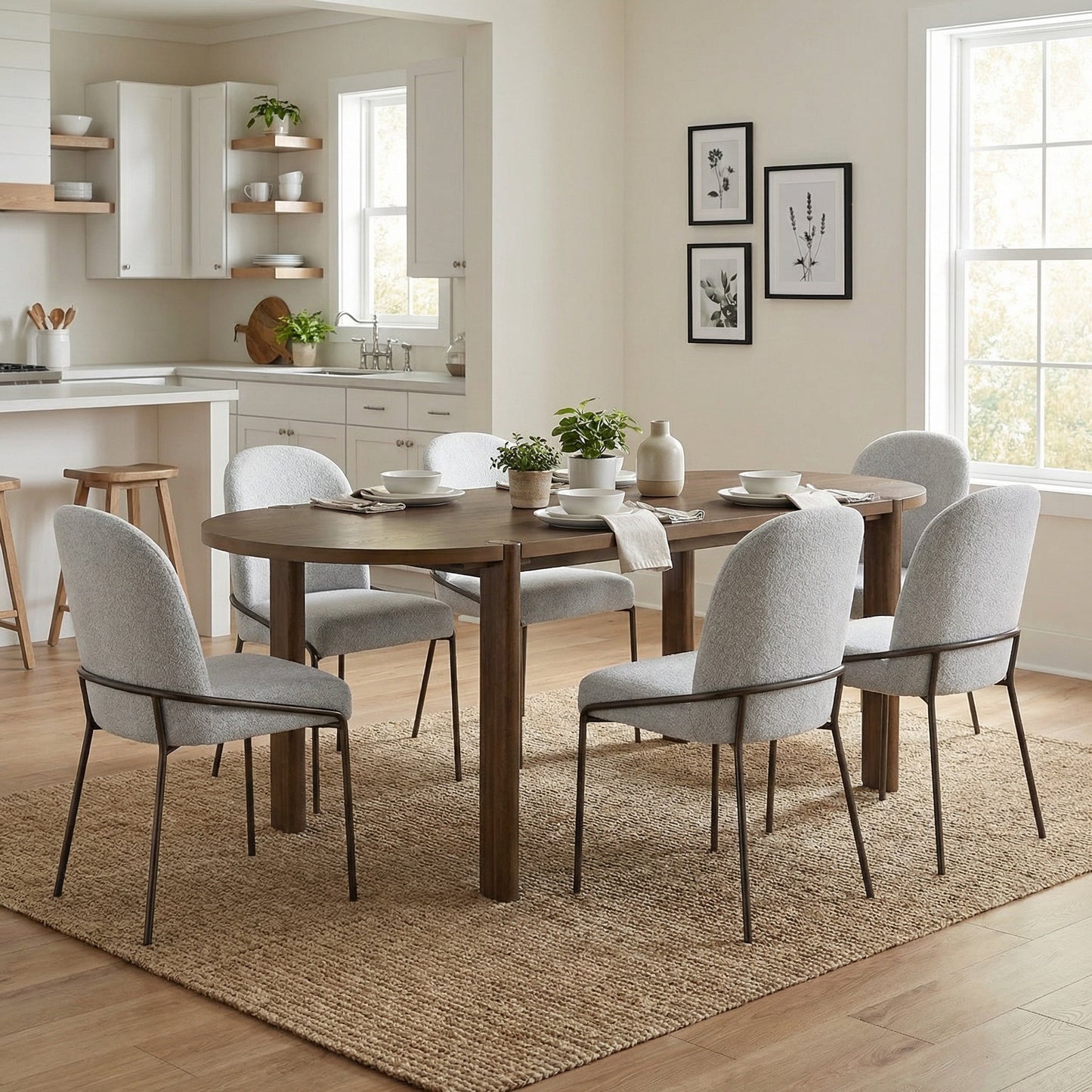7 Pieces Modern Oval Dining Set, Rustic Farmhouse Solid Wood Kitchen Table Set for 6